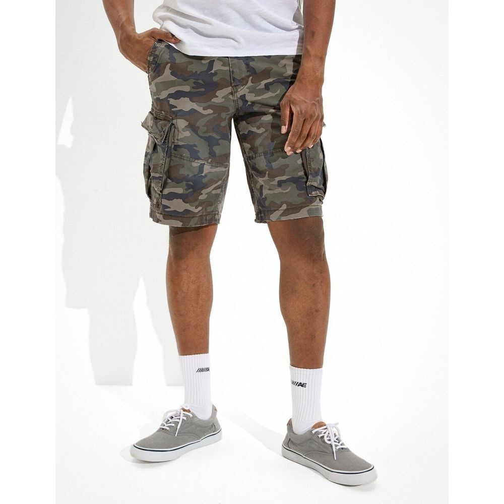 American Eagle Mens Ae Flex Lived-in Longer Length Cargo Short Camo Green Sz 28